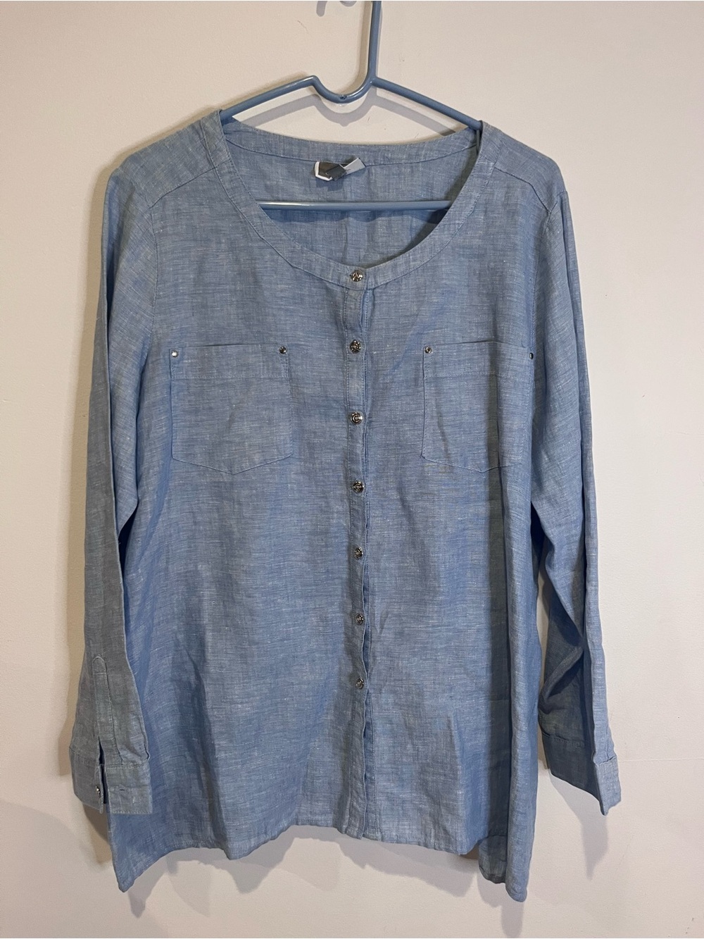 JM Collection Linen Button-Front Top in Light Blue